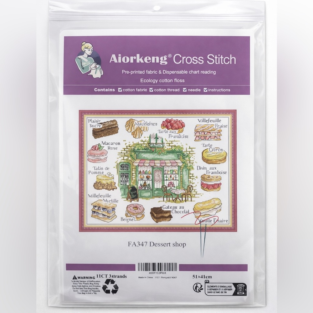 CROSS STITCH KIT: AIORKENG FA347 Dessert Shop 11CT 3 Strands 51x41cm DIY 🍰🧵🩷